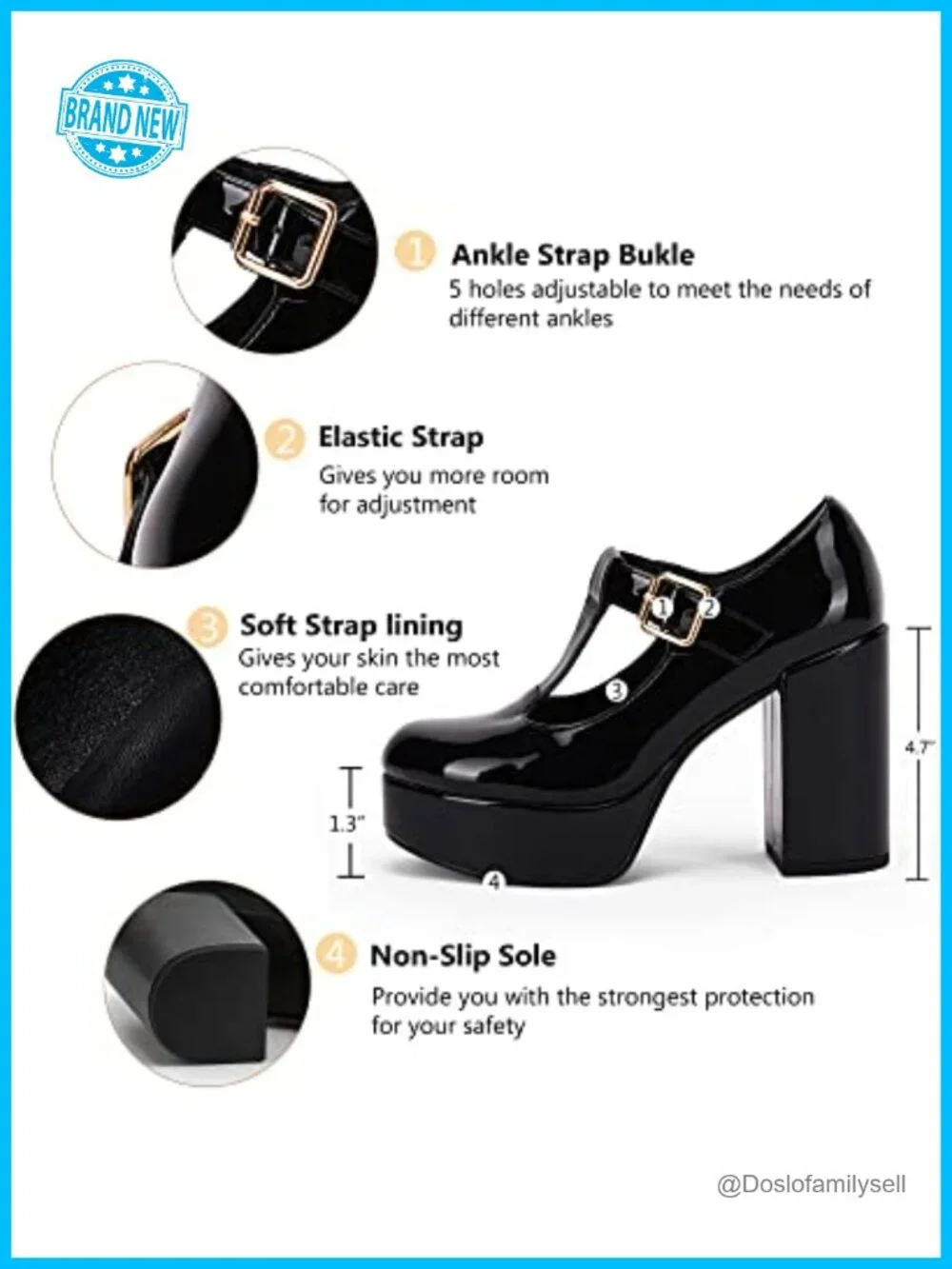 T-Strap Chunky Platform Heels Patent Mary Jane Pumps Dress Shoes